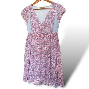 Vera Wang Princess Floral Peasant Dress Purple V-Neck Cap Sleeve Summer Casual